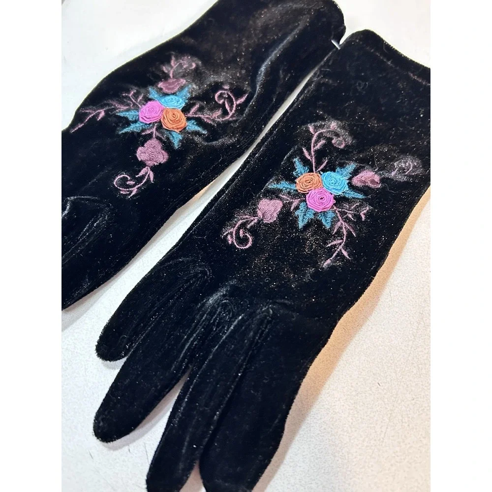 Vintage Black Velvet Gloves – Floral Embroidery Whimsygoth Victorian Cosplay